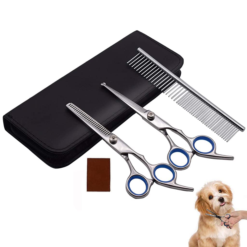 Qpets Dog Grooming Scissors Kit with Safety Round Tips Stainless Steel Professional Dog Hair Cutting Scissors - Thinning, Straight, Curved Shears and Comb for Long Short Hair for Dog Cats(3 PCS) Qpets Dog Grooming Scissors Kit with Safety Round Tips Stainless Steel Professional Dog Hair Cutting Scissors - Thinning, Straight, Curved Shears and Comb for Long Short Hair for Dog Cats(3 PCS)